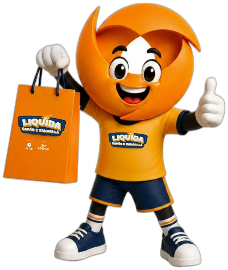 Mascote do Liquida Capão e Xangri-Lá segurando uma sacola de compras e fazendo sinal de positivo